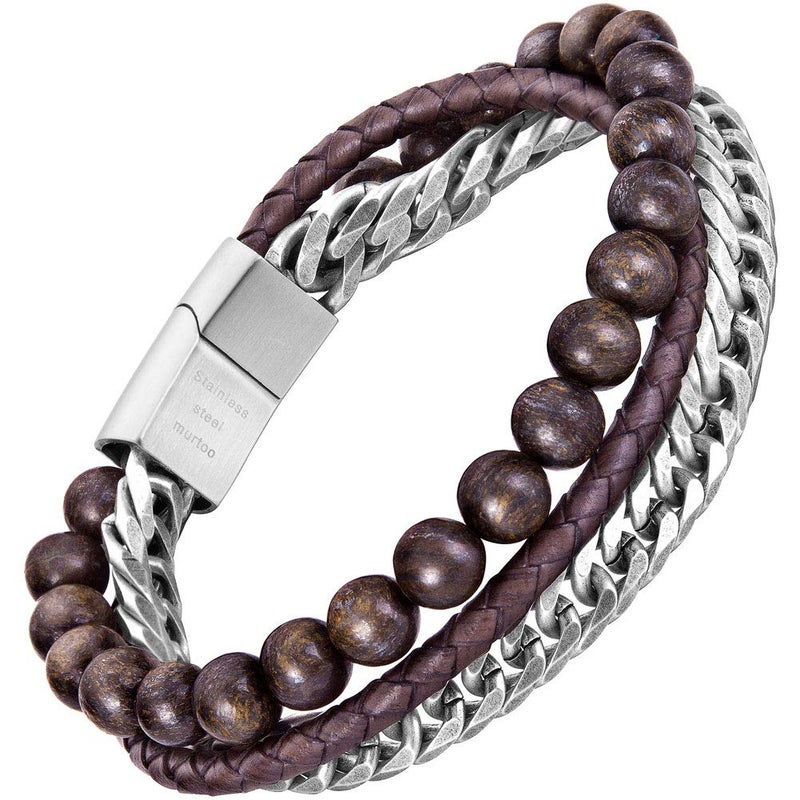 murtoo Mens Bead Leather Bracelet, Blue and Brown Bead and Leather Bracelet for Men (Brown-coffee) - Image 1